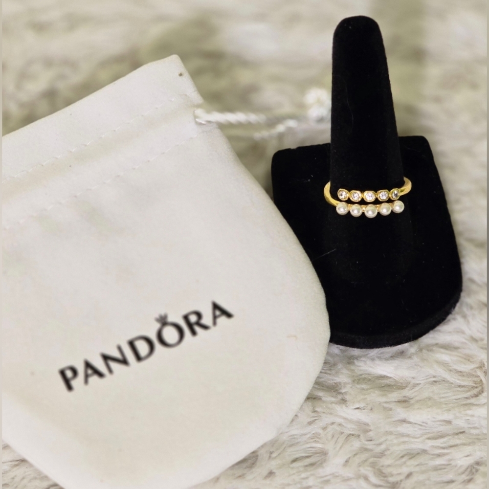NWT Pandora SS925 18k Gold Overlay Pearl And Crystal Ring‎